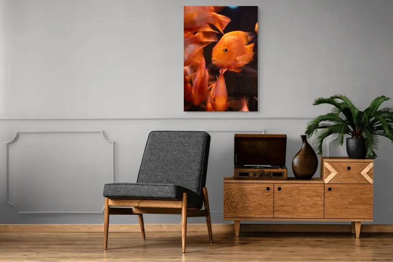Tablou Canvas, "Dansul peștilor portocalii în apă", Portocaliu, Pește, Apă, Înot, Reflexie, Solzi, Aripioare, 70 x 100 cm – poza 6