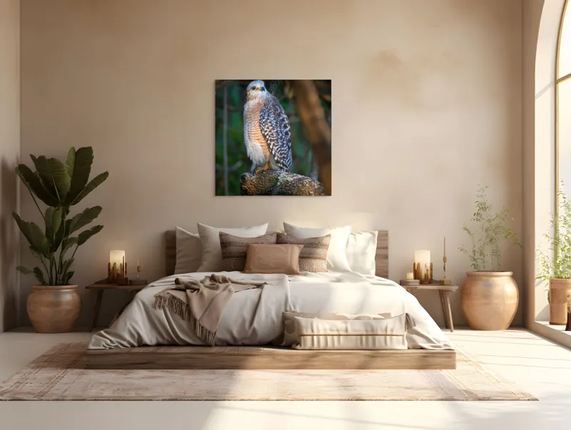 Tablou Canvas, "Șoimul veghează pădurea liniștită", Vultur, Ramură, Pene, Privire, Natură, Lumină, Frumusețe, Sălbatic, Plante, Cer🦅, 100 x 100 cm – poza 4