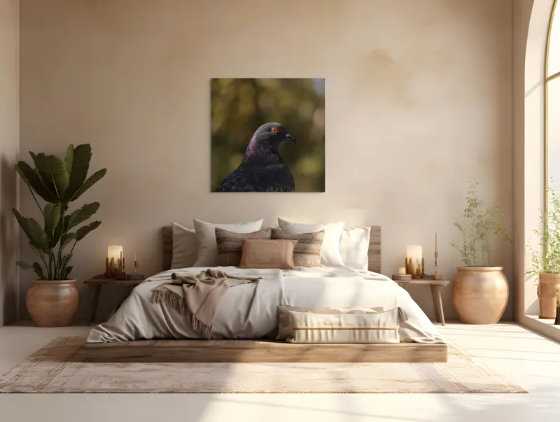 Tablou Canvas, "Pacea unei dimineți de toamnă", Porumbel, Ochi, Penaj, Reflectii, Focalizare, Natura, Calmitate, Fundal, Frumos, Detaliu, 100 x 100 cm – poza 4
