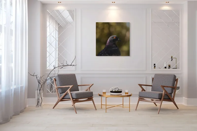 Tablou Canvas, "Pacea unei dimineți de toamnă", Porumbel, Ochi, Penaj, Reflectii, Focalizare, Natura, Calmitate, Fundal, Frumos, Detaliu, 100 x 100 cm – poza 7
