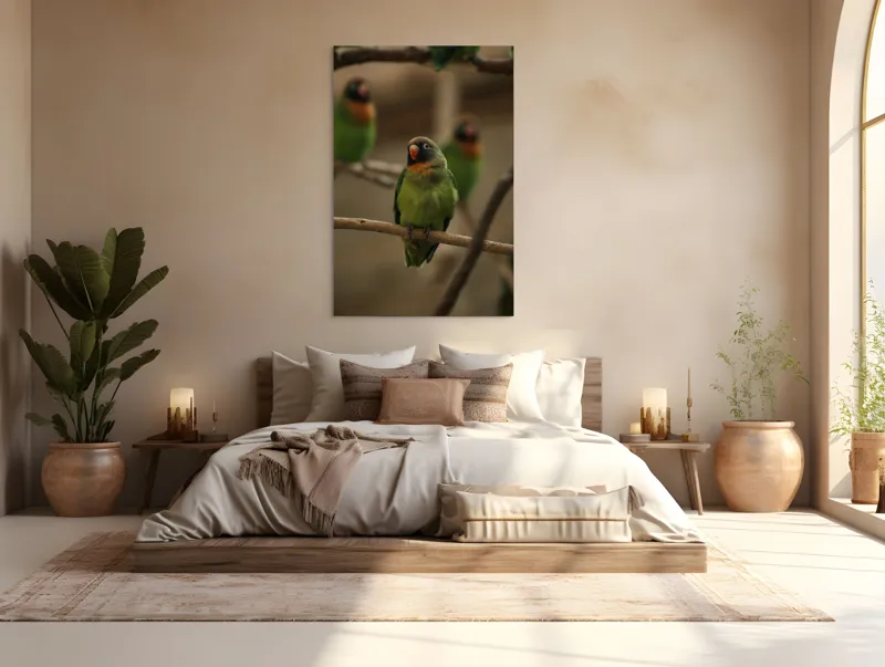 Tablou Canvas, "Papagal pe ramură liniștită", Verde, Papagal, Ramură, Contemplativ, Blândețe, Pene, Portocaliu, Natură, Frumusețe, Delicat., 100 x 150 cm – poza 3