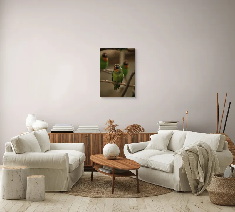 Tablou Canvas, "Papagal pe ramură liniștită", Verde, Papagal, Ramură, Contemplativ, Blândețe, Pene, Portocaliu, Natură, Frumusețe, Delicat., 50 x 70 cm – poza 4