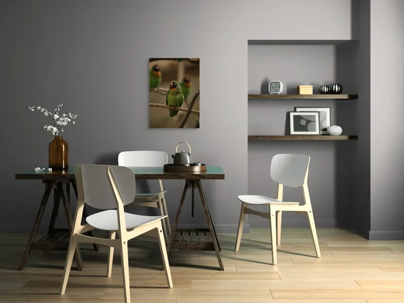 Tablou Canvas, "Papagal pe ramură liniștită", Verde, Papagal, Ramură, Contemplativ, Blândețe, Pene, Portocaliu, Natură, Frumusețe, Delicat., 50 x 70 cm – poza 5