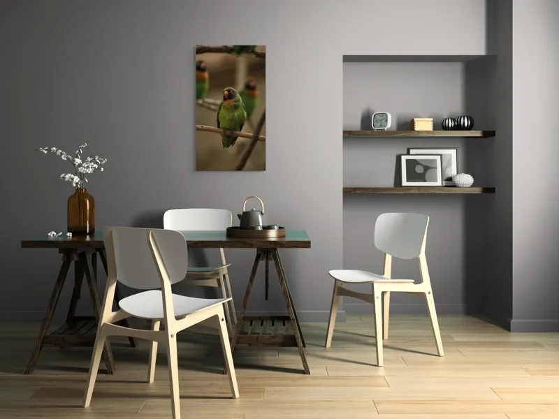 Tablou Canvas, "Papagal pe ramură liniștită", Verde, Papagal, Ramură, Contemplativ, Blândețe, Pene, Portocaliu, Natură, Frumusețe, Delicat., 50 x 90 cm – poza 4