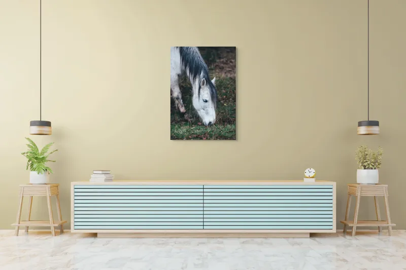 Tablou Canvas, "Cal alb pășunând în zori.", Cal, Alb, Mânz, Păr, Iarbă, Natură, Blând, Pastel, Fermecător, Rustic, 70 x 100 cm – poza 5
