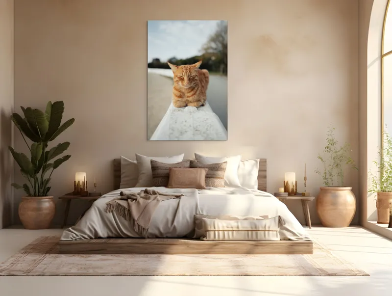 Tablou Canvas, "Pisica adormită pe balustradă albă", Pisică, Portocalie, Somnoroasă, Relaxată, Blândă, Odihnitoare, Zâmbitoare, Liniștitoare, Drăgălașă, Calmă, 100 x 150 cm – poza 3