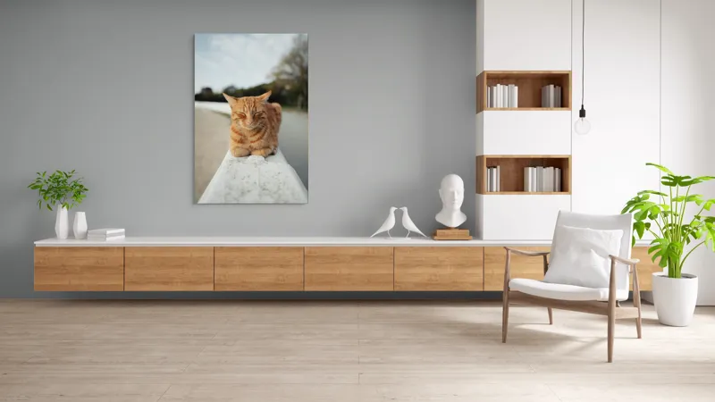 Tablou Canvas, "Pisica adormită pe balustradă albă", Pisică, Portocalie, Somnoroasă, Relaxată, Blândă, Odihnitoare, Zâmbitoare, Liniștitoare, Drăgălașă, Calmă, 100 x 150 cm – poza 8