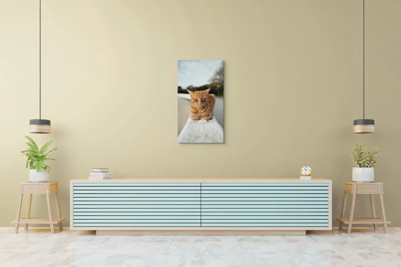 Tablou Canvas, "Pisica adormită pe balustradă albă", Pisică, Portocalie, Somnoroasă, Relaxată, Blândă, Odihnitoare, Zâmbitoare, Liniștitoare, Drăgălașă, Calmă, 50 x 90 cm – poza 6