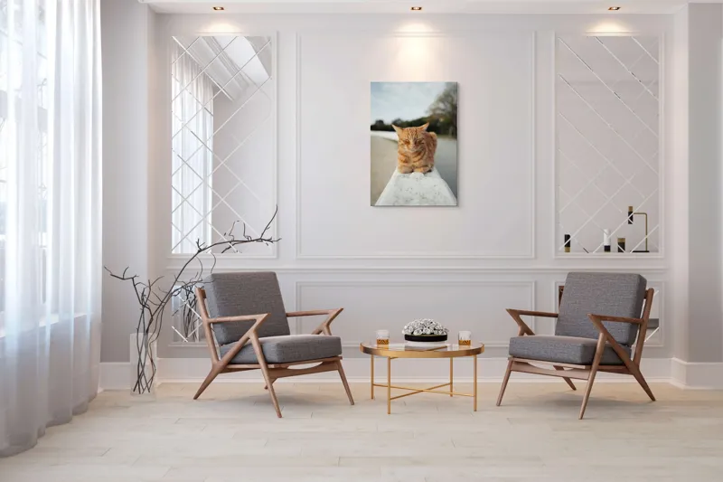 Tablou Canvas, "Pisica adormită pe balustradă albă", Pisică, Portocalie, Somnoroasă, Relaxată, Blândă, Odihnitoare, Zâmbitoare, Liniștitoare, Drăgălașă, Calmă, 70 x 100 cm – poza 8