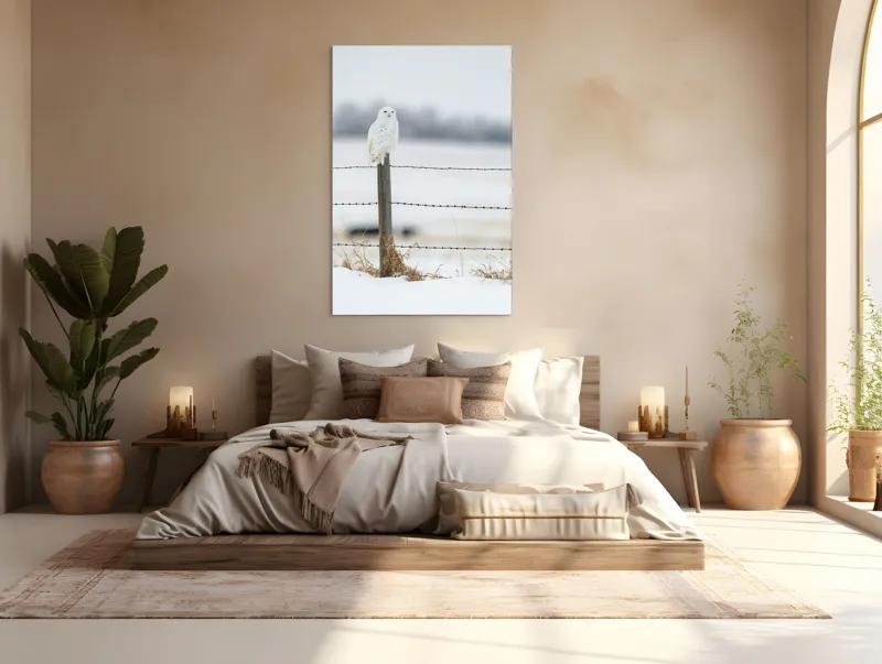 Tablou Canvas, "Bufniță albă pe stâlp înghețat", Bufniță, Zăpadă, Gard, Iarnă, Peisaj, Cer, Natură, Timp Friguros, Post, Privire., 100 x 150 cm – poza 3