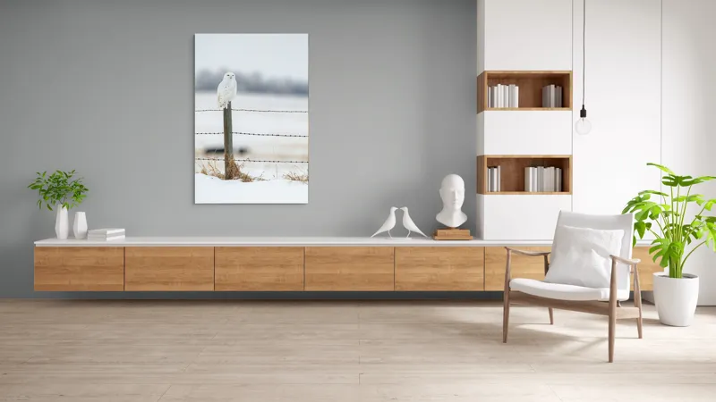 Tablou Canvas, "Bufniță albă pe stâlp înghețat", Bufniță, Zăpadă, Gard, Iarnă, Peisaj, Cer, Natură, Timp Friguros, Post, Privire., 100 x 150 cm – poza 8