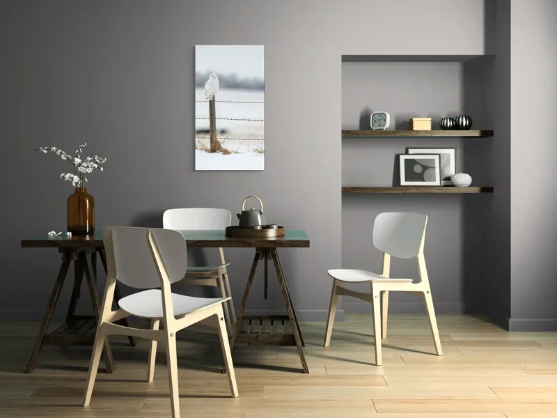 Tablou Canvas, "Bufniță albă pe stâlp înghețat", Bufniță, Zăpadă, Gard, Iarnă, Peisaj, Cer, Natură, Timp Friguros, Post, Privire., 50 x 90 cm – poza 4