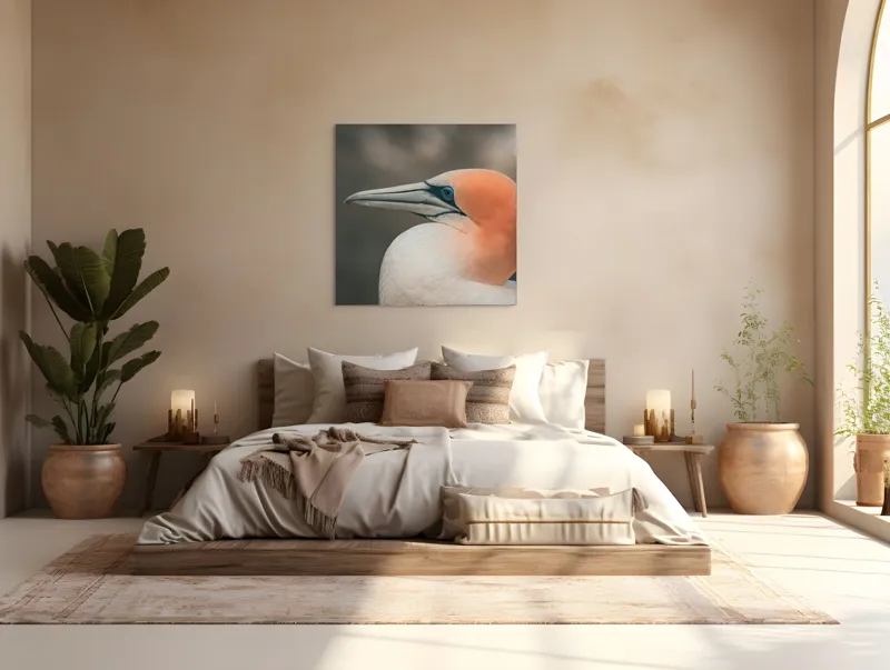 Tablou Canvas, "Pasărea cu cap portocaliu luminos", Păsare, Albastru, Cioc, Pene, Ochi, Portocaliu, Profil, 100 x 100 cm – poza 4