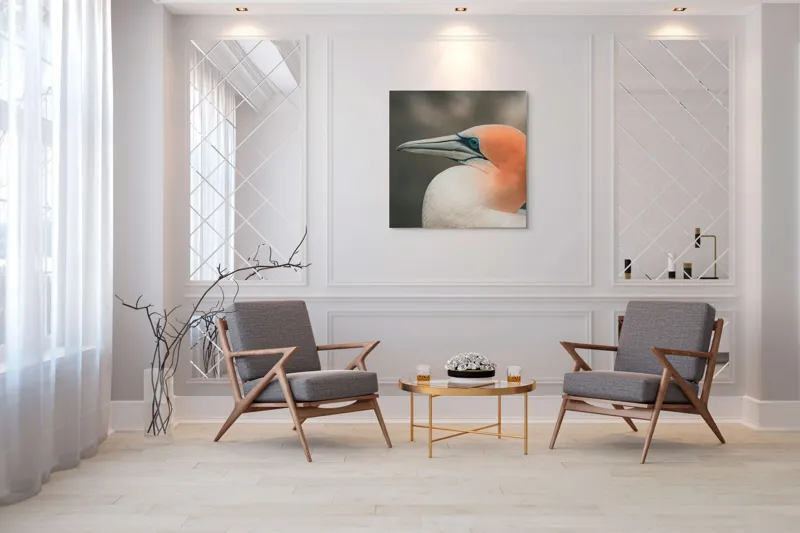 Tablou Canvas, "Pasărea cu cap portocaliu luminos", Păsare, Albastru, Cioc, Pene, Ochi, Portocaliu, Profil, 100 x 100 cm – poza 7