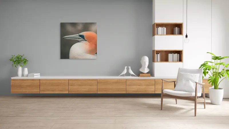 Tablou Canvas, "Pasărea cu cap portocaliu luminos", Păsare, Albastru, Cioc, Pene, Ochi, Portocaliu, Profil, 100 x 100 cm – poza 8