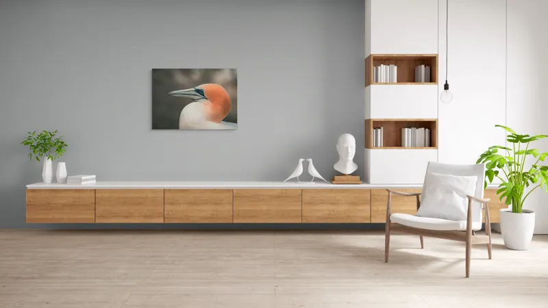 Tablou Canvas, "Pasărea cu cap portocaliu luminos", Păsare, Albastru, Cioc, Pene, Ochi, Portocaliu, Profil, 100 x 70 cm – poza 6