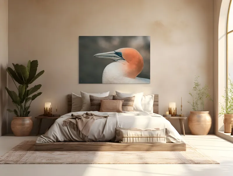 Tablou Canvas, "Pasărea cu cap portocaliu luminos", Păsare, Albastru, Cioc, Pene, Ochi, Portocaliu, Profil, 150 x 100 cm – poza 4