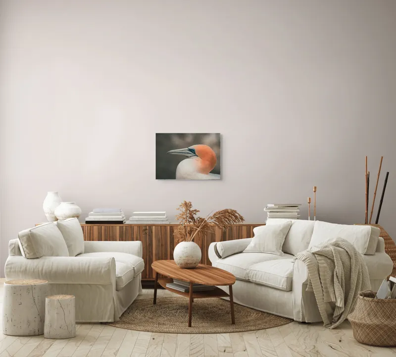Tablou Canvas, "Pasărea cu cap portocaliu luminos", Păsare, Albastru, Cioc, Pene, Ochi, Portocaliu, Profil, 54 x 39 cm – poza 5