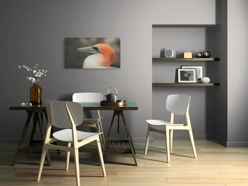 Tablou Canvas, "Pasărea cu cap portocaliu luminos", Păsare, Albastru, Cioc, Pene, Ochi, Portocaliu, Profil, 90 x 50 cm – poza 3