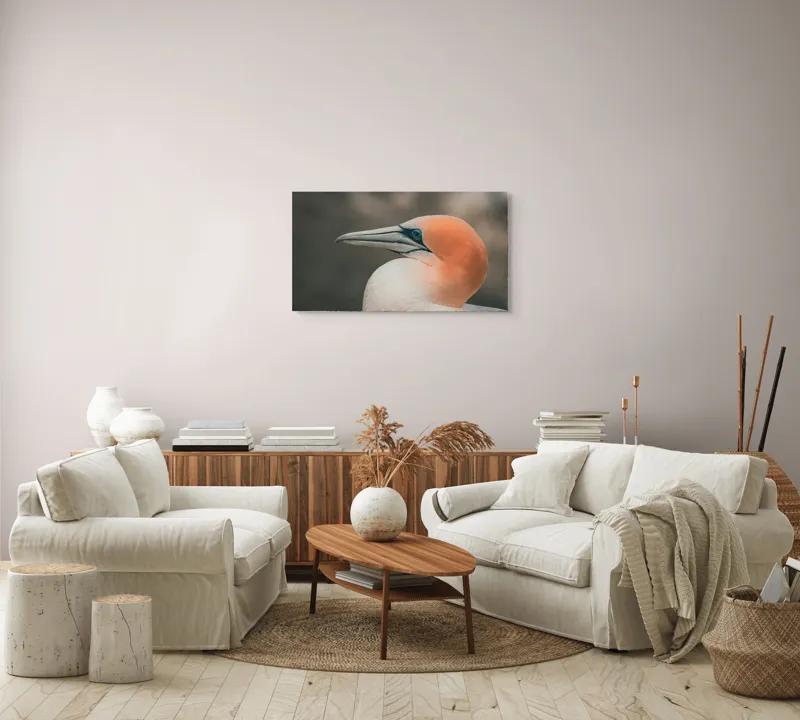 Tablou Canvas, "Pasărea cu cap portocaliu luminos", Păsare, Albastru, Cioc, Pene, Ochi, Portocaliu, Profil, 90 x 50 cm – poza 4