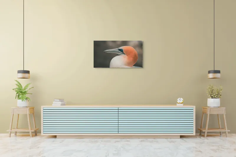 Tablou Canvas, "Pasărea cu cap portocaliu luminos", Păsare, Albastru, Cioc, Pene, Ochi, Portocaliu, Profil, 90 x 50 cm – poza 5