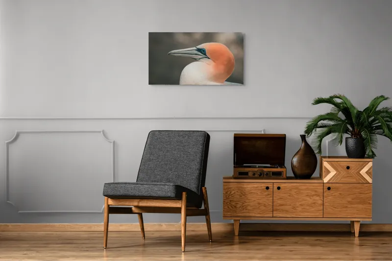 Tablou Canvas, "Pasărea cu cap portocaliu luminos", Păsare, Albastru, Cioc, Pene, Ochi, Portocaliu, Profil, 90 x 50 cm – poza 6