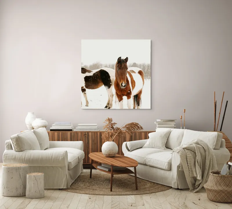 Tablou Canvas, "Cai în zăpadă pe câmp deschis", Cai, Zăpadă, Peisaj, Iarnă, Blană, Culoare, Natură, Frumusețe, 100 x 100 cm – poza 3