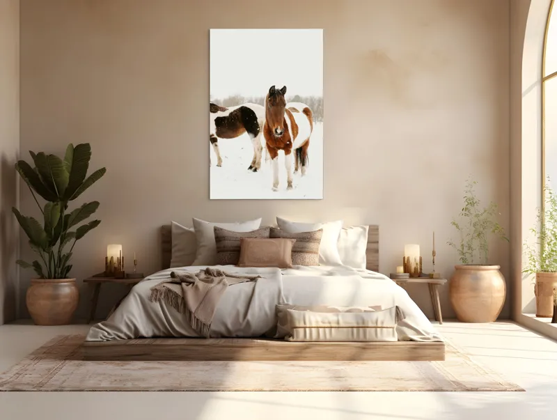 Tablou Canvas, "Cai în zăpadă pe câmp deschis", Cai, Zăpadă, Peisaj, Iarnă, Blană, Culoare, Natură, Frumusețe, 100 x 150 cm – poza 3