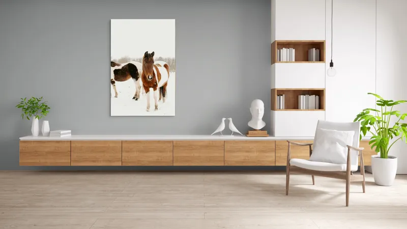 Tablou Canvas, "Cai în zăpadă pe câmp deschis", Cai, Zăpadă, Peisaj, Iarnă, Blană, Culoare, Natură, Frumusețe, 100 x 150 cm – poza 8