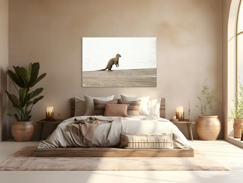 Tablou Canvas, "Vidra curioasă pe pontonul pustiu", Otter, Curious, Standing, Dock, Water, 150 x 100 cm – poza 4