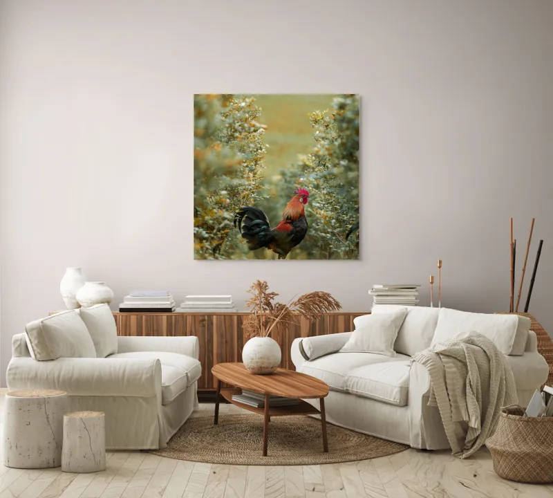 Tablou Canvas, "Cocoșul în grădina de toamnă aurie", Cocoș, Culori, Natură, Toamnă, Plante, Armonie, Calm, Strălucire, Serenitate, Echilibru, 100 x 100 cm – poza 3