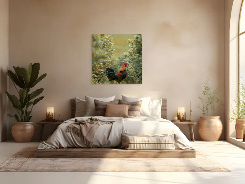 Tablou Canvas, "Cocoșul în grădina de toamnă aurie", Cocoș, Culori, Natură, Toamnă, Plante, Armonie, Calm, Strălucire, Serenitate, Echilibru, 100 x 100 cm – poza 4