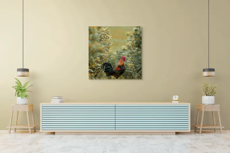 Tablou Canvas, "Cocoșul în grădina de toamnă aurie", Cocoș, Culori, Natură, Toamnă, Plante, Armonie, Calm, Strălucire, Serenitate, Echilibru, 100 x 100 cm – poza 5