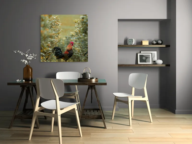 Tablou Canvas, "Cocoșul în grădina de toamnă aurie", Cocoș, Culori, Natură, Toamnă, Plante, Armonie, Calm, Strălucire, Serenitate, Echilibru, 100 x 100 cm – poza 6