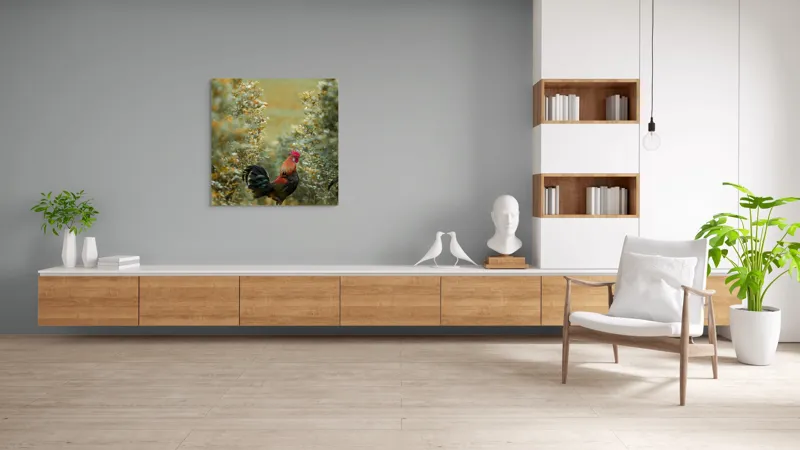 Tablou Canvas, "Cocoșul în grădina de toamnă aurie", Cocoș, Culori, Natură, Toamnă, Plante, Armonie, Calm, Strălucire, Serenitate, Echilibru, 100 x 100 cm – poza 8