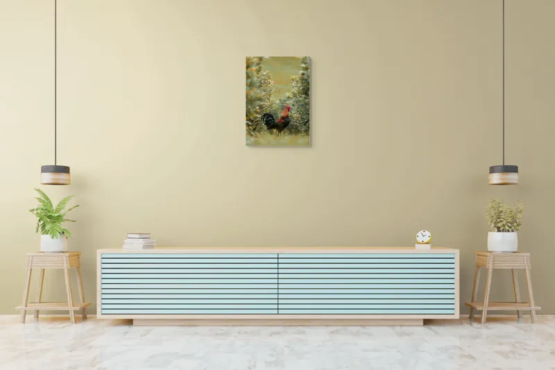 Tablou Canvas, "Cocoșul în grădina de toamnă aurie", Cocoș, Culori, Natură, Toamnă, Plante, Armonie, Calm, Strălucire, Serenitate, Echilibru, 50 x 70 cm – poza 6