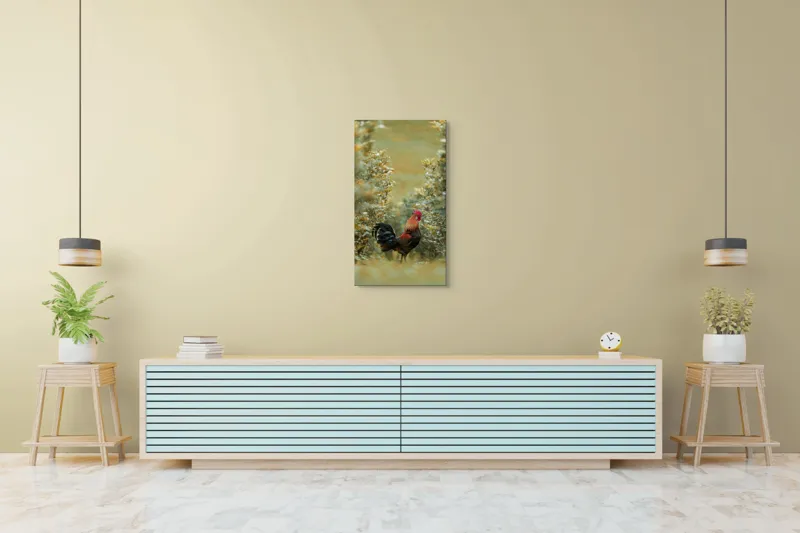 Tablou Canvas, "Cocoșul în grădina de toamnă aurie", Cocoș, Culori, Natură, Toamnă, Plante, Armonie, Calm, Strălucire, Serenitate, Echilibru, 50 x 90 cm – poza 6