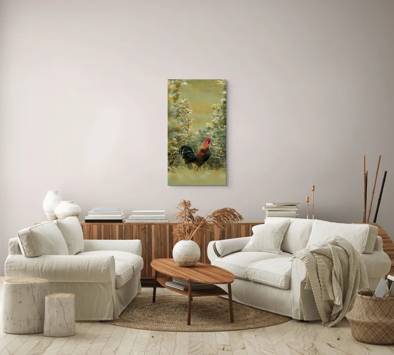 Tablou Canvas, "Cocoșul în grădina de toamnă aurie", Cocoș, Culori, Natură, Toamnă, Plante, Armonie, Calm, Strălucire, Serenitate, Echilibru, 50 x 90 cm – poza 7