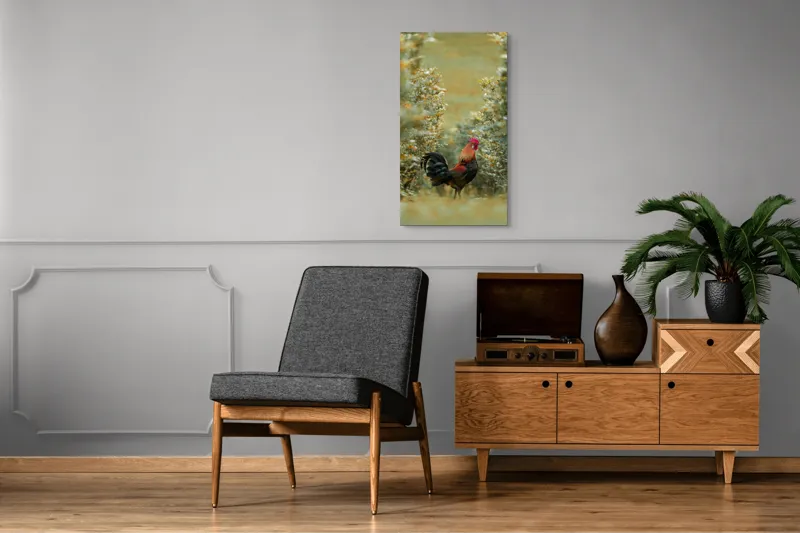 Tablou Canvas, "Cocoșul în grădina de toamnă aurie", Cocoș, Culori, Natură, Toamnă, Plante, Armonie, Calm, Strălucire, Serenitate, Echilibru, 50 x 90 cm – poza 8