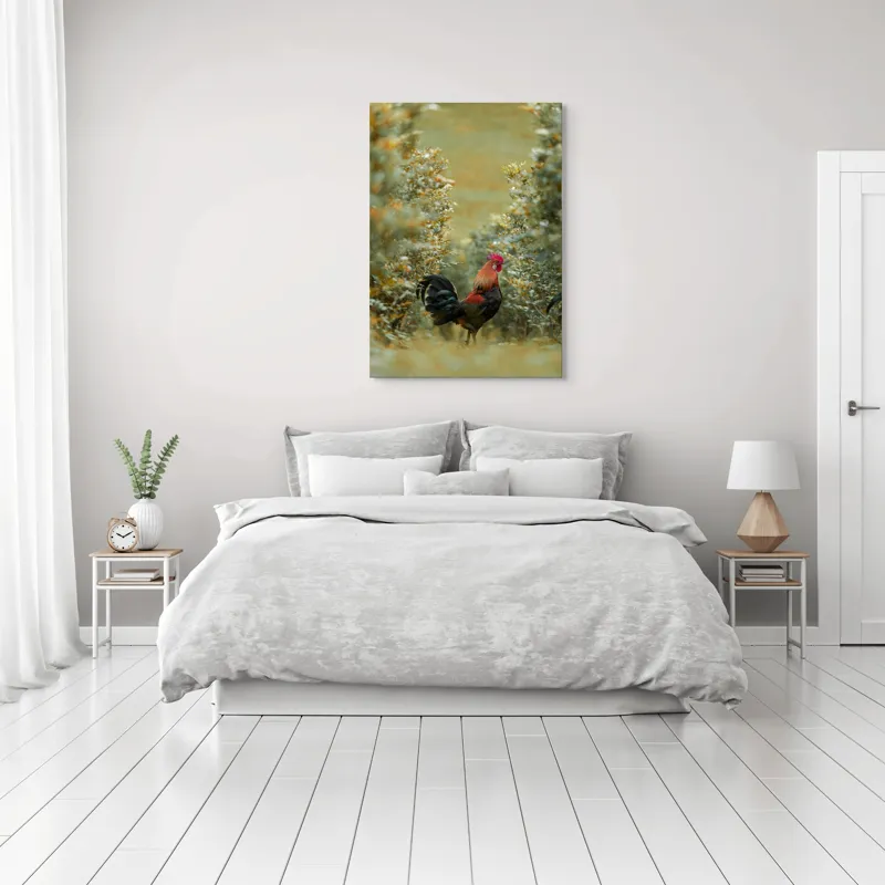 Tablou Canvas, "Cocoșul în grădina de toamnă aurie", Cocoș, Culori, Natură, Toamnă, Plante, Armonie, Calm, Strălucire, Serenitate, Echilibru, 70 x 100 cm – poza 3