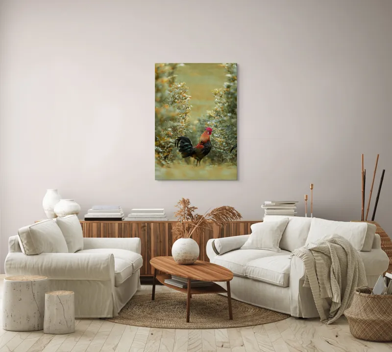 Tablou Canvas, "Cocoșul în grădina de toamnă aurie", Cocoș, Culori, Natură, Toamnă, Plante, Armonie, Calm, Strălucire, Serenitate, Echilibru, 70 x 100 cm – poza 4