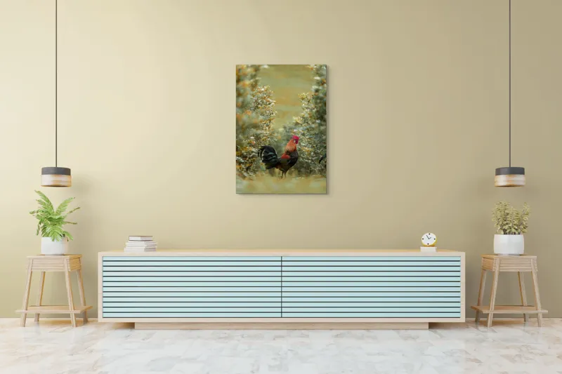 Tablou Canvas, "Cocoșul în grădina de toamnă aurie", Cocoș, Culori, Natură, Toamnă, Plante, Armonie, Calm, Strălucire, Serenitate, Echilibru, 70 x 100 cm – poza 5