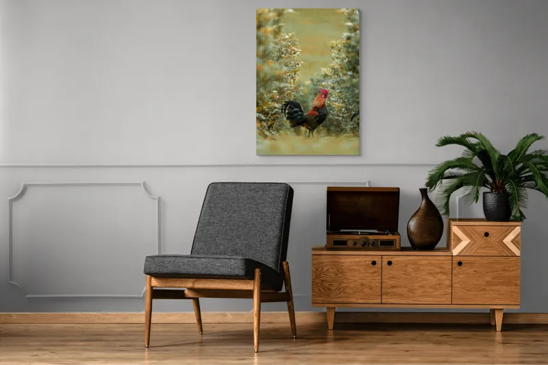 Tablou Canvas, "Cocoșul în grădina de toamnă aurie", Cocoș, Culori, Natură, Toamnă, Plante, Armonie, Calm, Strălucire, Serenitate, Echilibru, 70 x 100 cm – poza 6