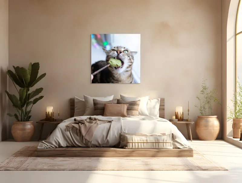Tablou Canvas, "Pisica savurând o gustare delicioasă", Pisică, Curioasă, Pofticioasă, Delicioasă, Verde, Luminoasă, Jucăușă, Fermoar, Dinamică, Amuzantă, 100 x 100 cm – poza 4