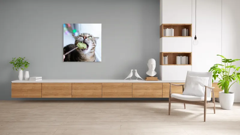 Tablou Canvas, "Pisica savurând o gustare delicioasă", Pisică, Curioasă, Pofticioasă, Delicioasă, Verde, Luminoasă, Jucăușă, Fermoar, Dinamică, Amuzantă, 100 x 100 cm – poza 8