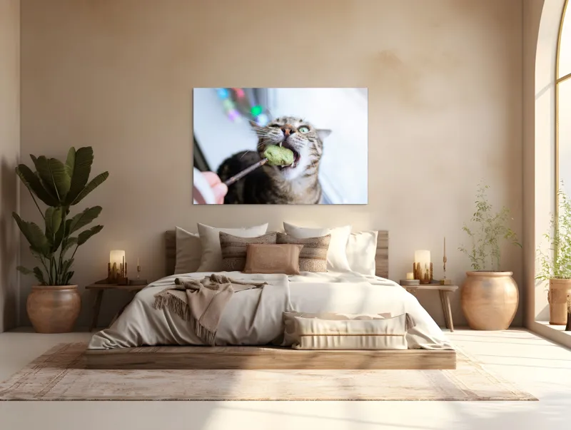 Tablou Canvas, "Pisica savurând o gustare delicioasă", Pisică, Curioasă, Pofticioasă, Delicioasă, Verde, Luminoasă, Jucăușă, Fermoar, Dinamică, Amuzantă, 150 x 100 cm – poza 4
