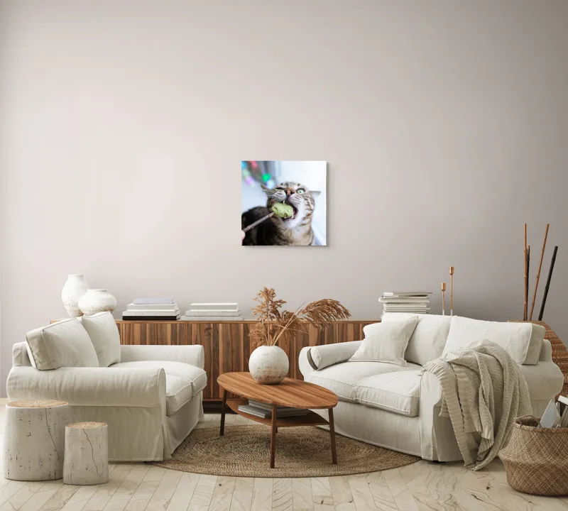 Tablou Canvas, "Pisica savurând o gustare delicioasă", Pisică, Curioasă, Pofticioasă, Delicioasă, Verde, Luminoasă, Jucăușă, Fermoar, Dinamică, Amuzantă, 50 x 50 cm – poza 7