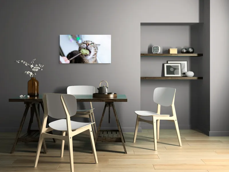 Tablou Canvas, "Pisica savurând o gustare delicioasă", Pisică, Curioasă, Pofticioasă, Delicioasă, Verde, Luminoasă, Jucăușă, Fermoar, Dinamică, Amuzantă, 90 x 50 cm – poza 3