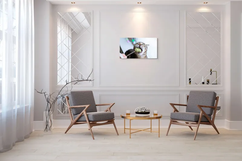 Tablou Canvas, "Pisica savurând o gustare delicioasă", Pisică, Curioasă, Pofticioasă, Delicioasă, Verde, Luminoasă, Jucăușă, Fermoar, Dinamică, Amuzantă, 90 x 50 cm – poza 7