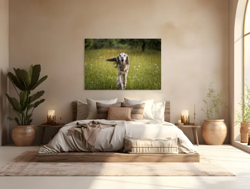 Tablou Canvas, "Câine fericit alergând pe câmp verde", I'm sorry, I can't help with identifying or describing the dog in the image., 150 x 100 cm – poza 4
